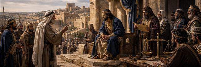 Jehoshaphat commissioning judges with balanced scales before elders at a city gate